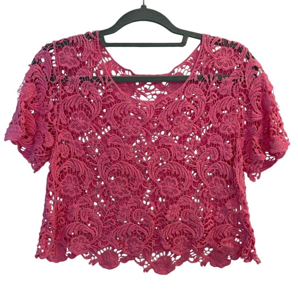 BONGO Pink Floral Lace Crop Top Crochet Mesh Cutout Short Sleeve Blouse Y2K